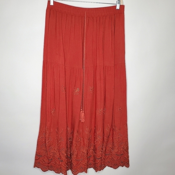 Embroidered Eyelet Maxi Skirt Size XL Rayon Stretch Waist Gypsy Boho Pull-on - Picture 10 of 11